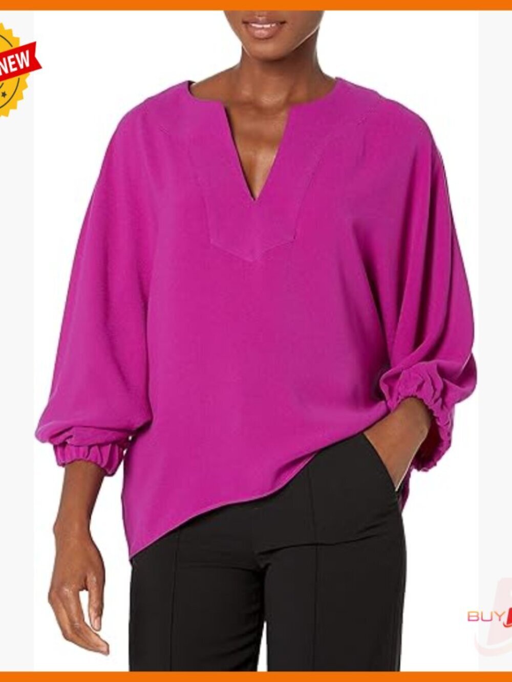 Relaxed Fit Recycled Polyester Blouse with V-Neck and 3/4 Sleeves